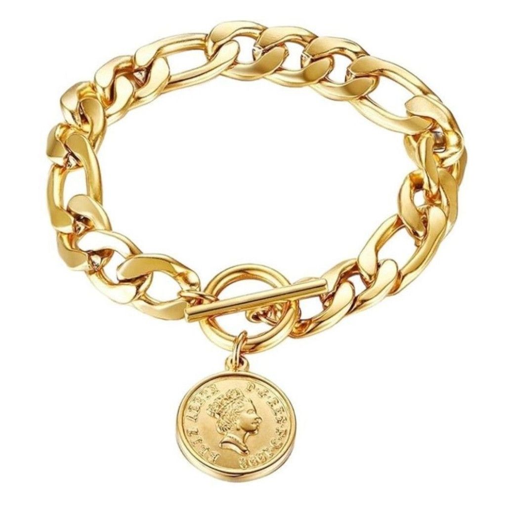 Other Cuban Link Chain Coin Bracelet Womens Gold Vintage Inspired Size ONE SIZE - 1 Thumbnail