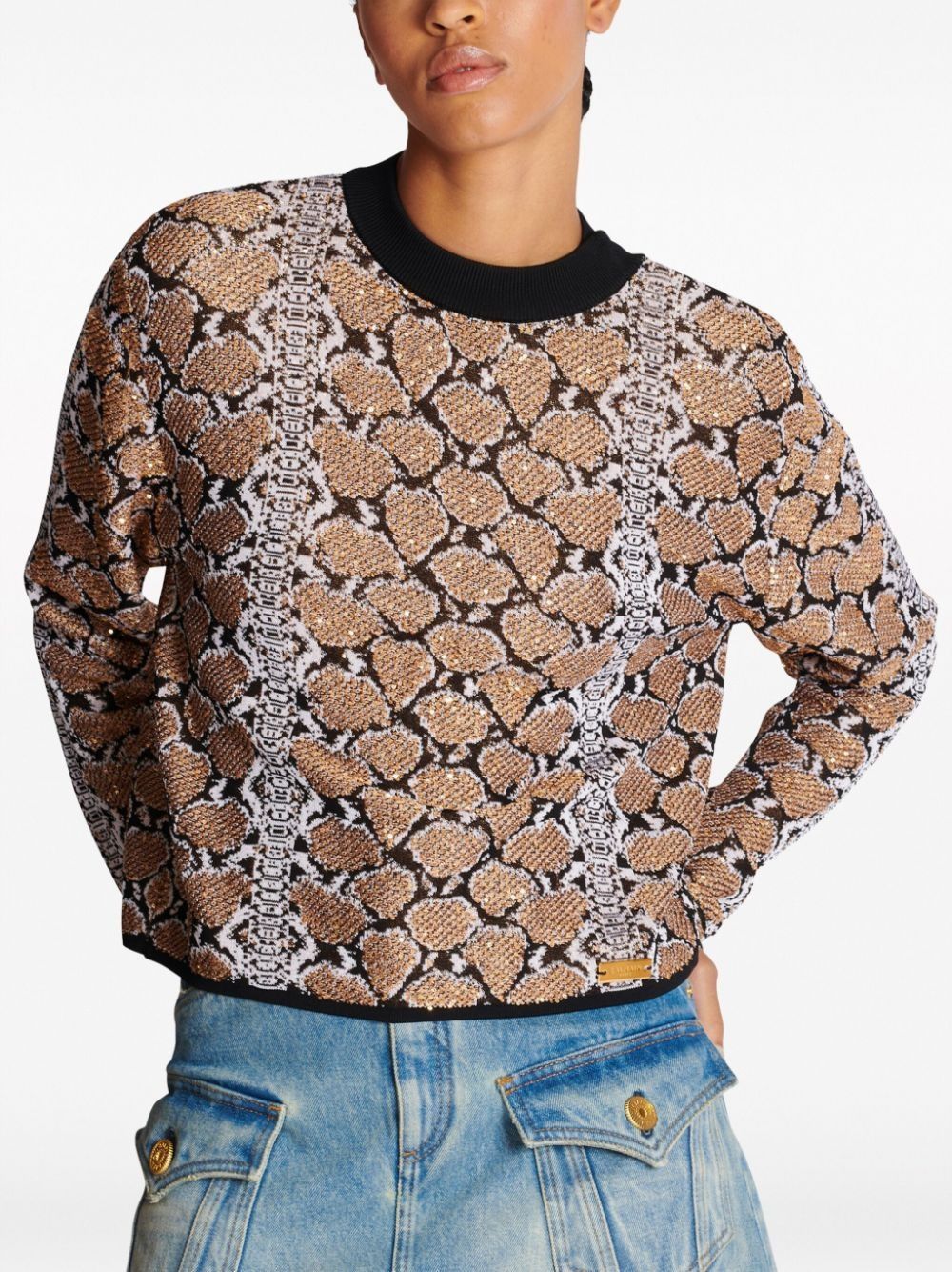 Balmain o1s1wg110825 Python Jacquard Jumper in Brown Size XL / US 12-14 / IT 48-50 - 4 Thumbnail