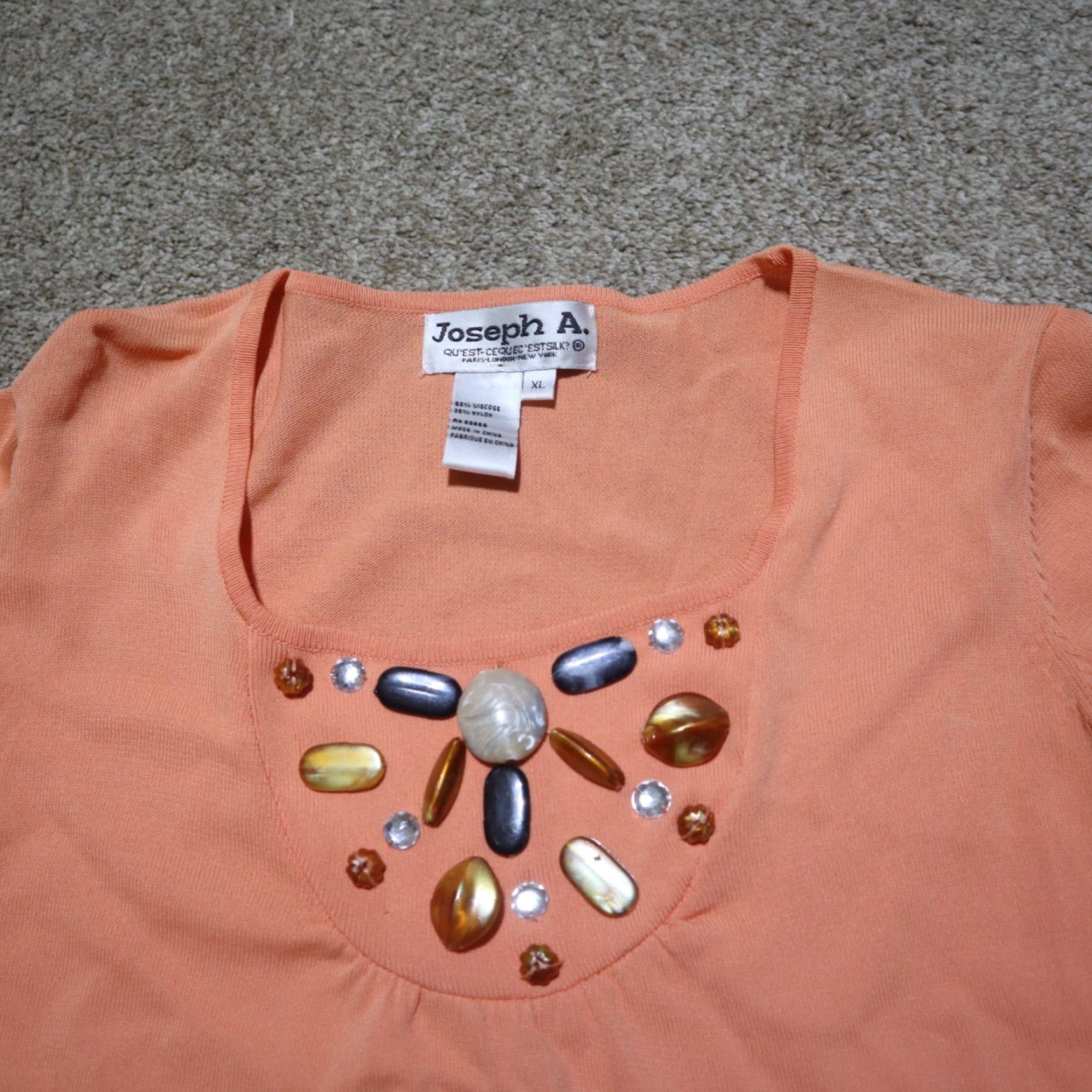 Vintage Joseph A. Peach Stretch Shirt Top Rhinestone Solid Half Sleeve Adult Women XL Orange Size XL / US 12-14 / IT 48-50 - 2 Thumbnail