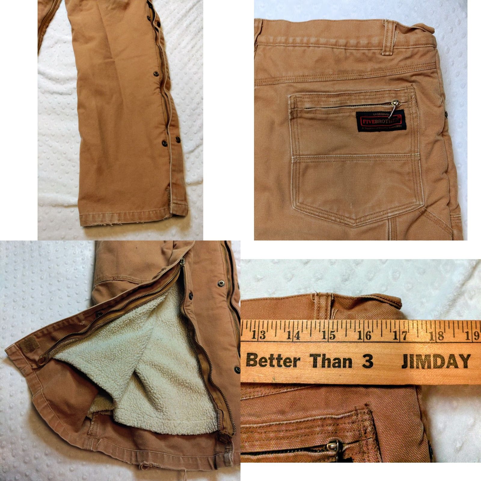 Doublet Five Brother Pants Mens 36 X 32 Brown Sherpa Lined Double Knee Insulated Work Carpenter Cement/Canvas Straight 5-Pocket Cargo Zip Snap Mens Size US 36 / EU 52 - 8 Thumbnail