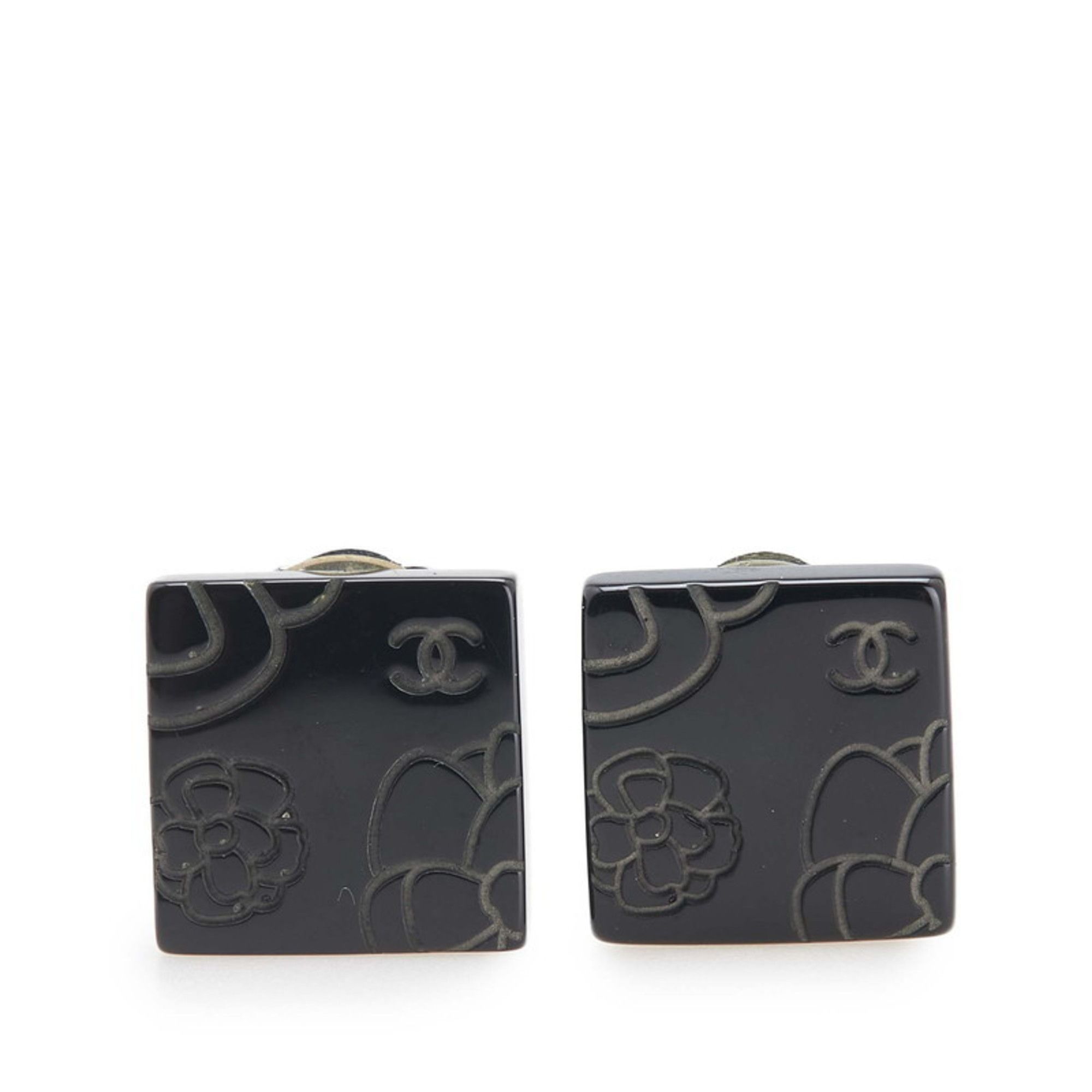 Chanel CHANEL Coco Mark Camellia Square Earrings in Black Metal for Women Size ONE SIZE - 1 Thumbnail