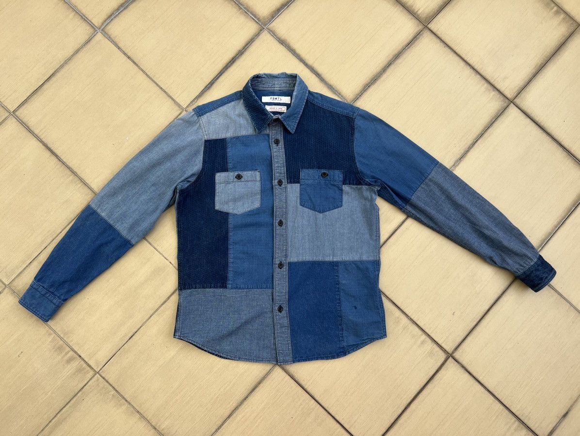 image of Fdmtl Tokyo Patchwork Sashiko Indigo Long Sleeve Shirt, Men's (Size Medium)