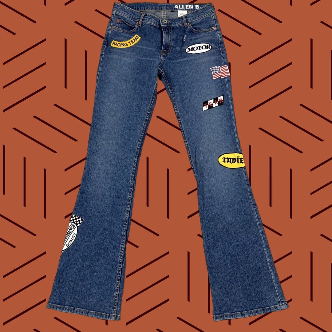 Vintage ALLEN SCHWARTZ Racing Bootcut Jeans Women Size 28 Blue Denim Flare Patches Regular Fit Size 28" / US 6 / IT 42 - 1 Thumbnail