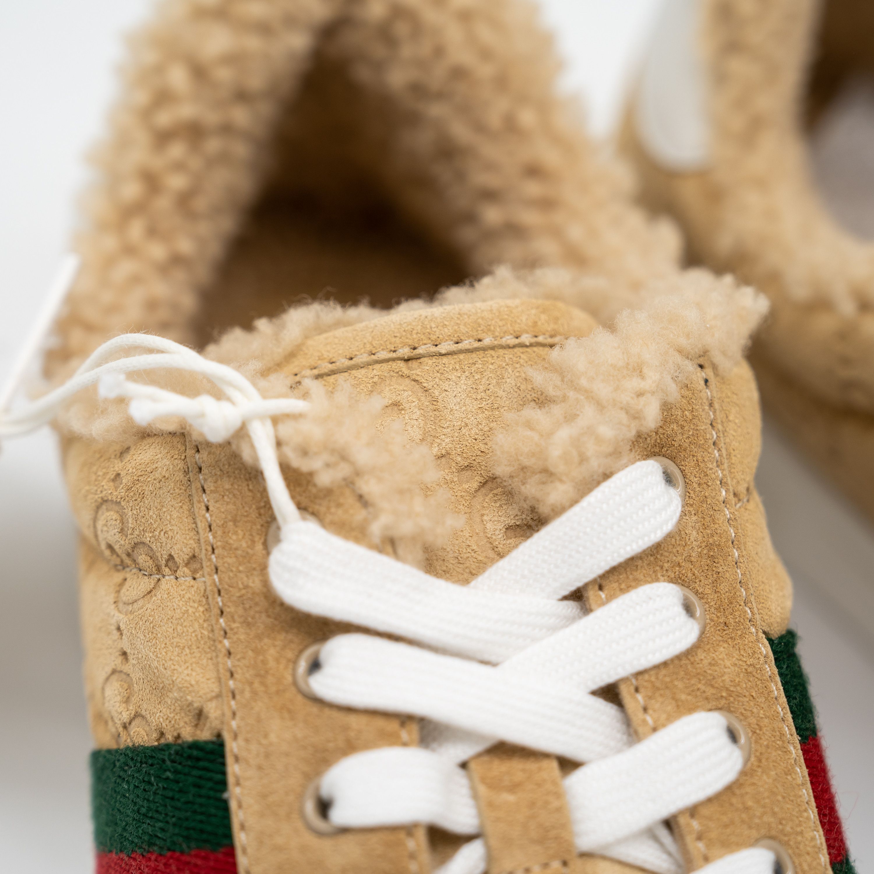 Gucci 9.5 US Gucci Ace GG Brown Mutton Fur Shearling Web Sneakers Size US 9.5 / IT 39.5 - 8 Thumbnail