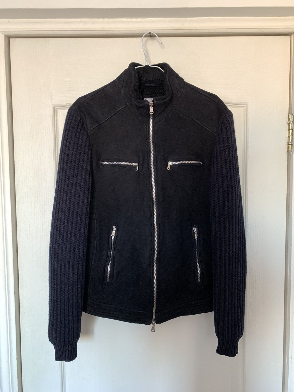 image of Brunello Cucinelli Beige Shearling Jacket in Dark Blue, Men's (Size Large)