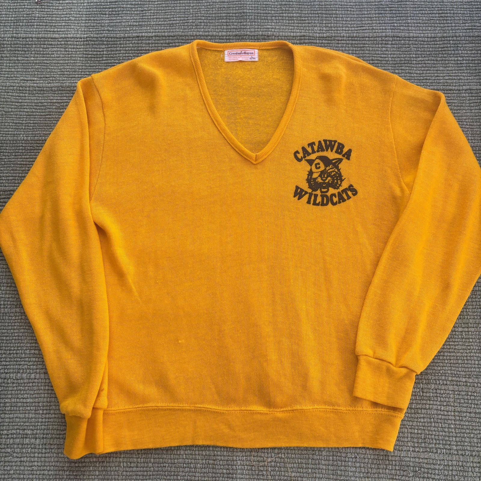 Vintage True Vintage Yellow 60s 70s Knit Catawba Wildcats Sweater L Size US L / EU 52-54 / 3 - 1 Thumbnail