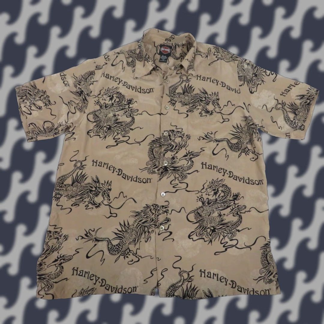 Harley Davidson VINTAGE Harley-Davidson Shirt Dragon Hawaiian Mens Large L Beige Silk Button-Up Short Sleeve >= Size US L / EU 52-54 / 3 - 1 Thumbnail