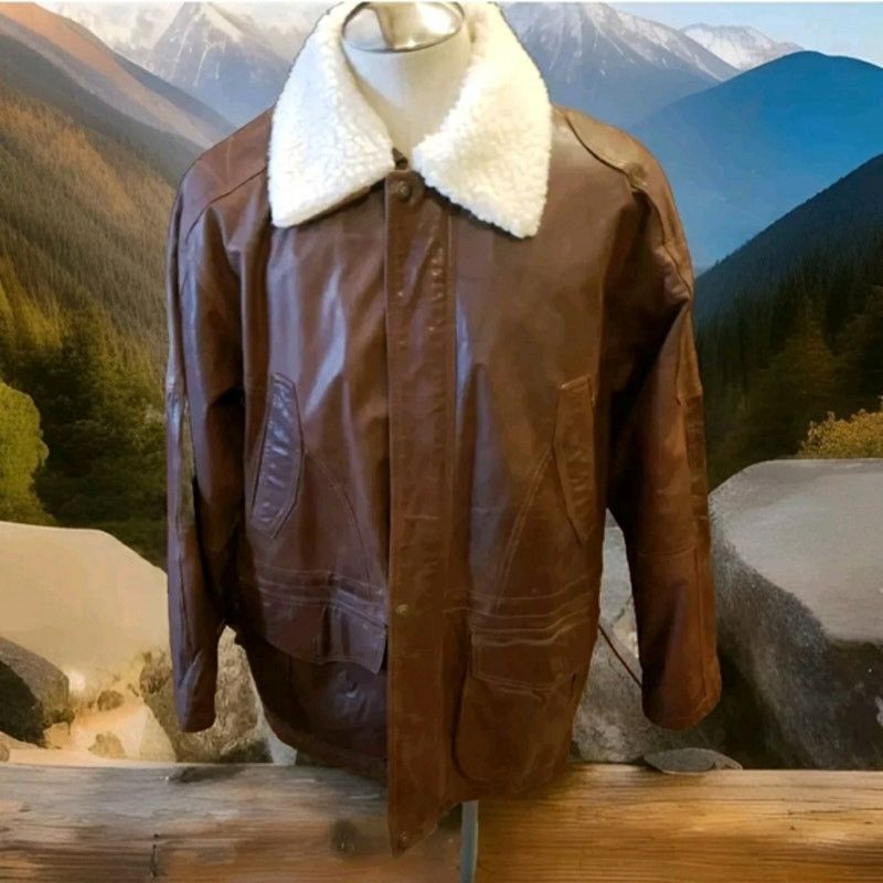 Furry Men Leather Removable Sheepskin Collar Jacket Brown