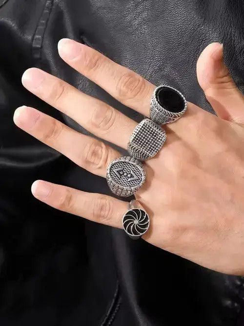 High Sport × Japanese Brand × Ring Of Fire 4pcs Metalluxe Men's Textured Ring Set Size ONE SIZE - 4 Thumbnail