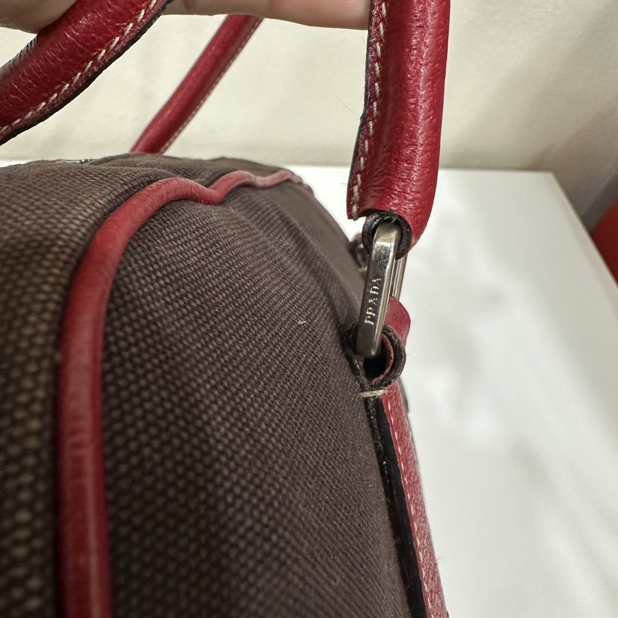 Prada PRADA BOWLING MINI BOSTON BAG BROWN CANVAS RED TRIM LEATHER Size ONE SIZE - 8 Thumbnail