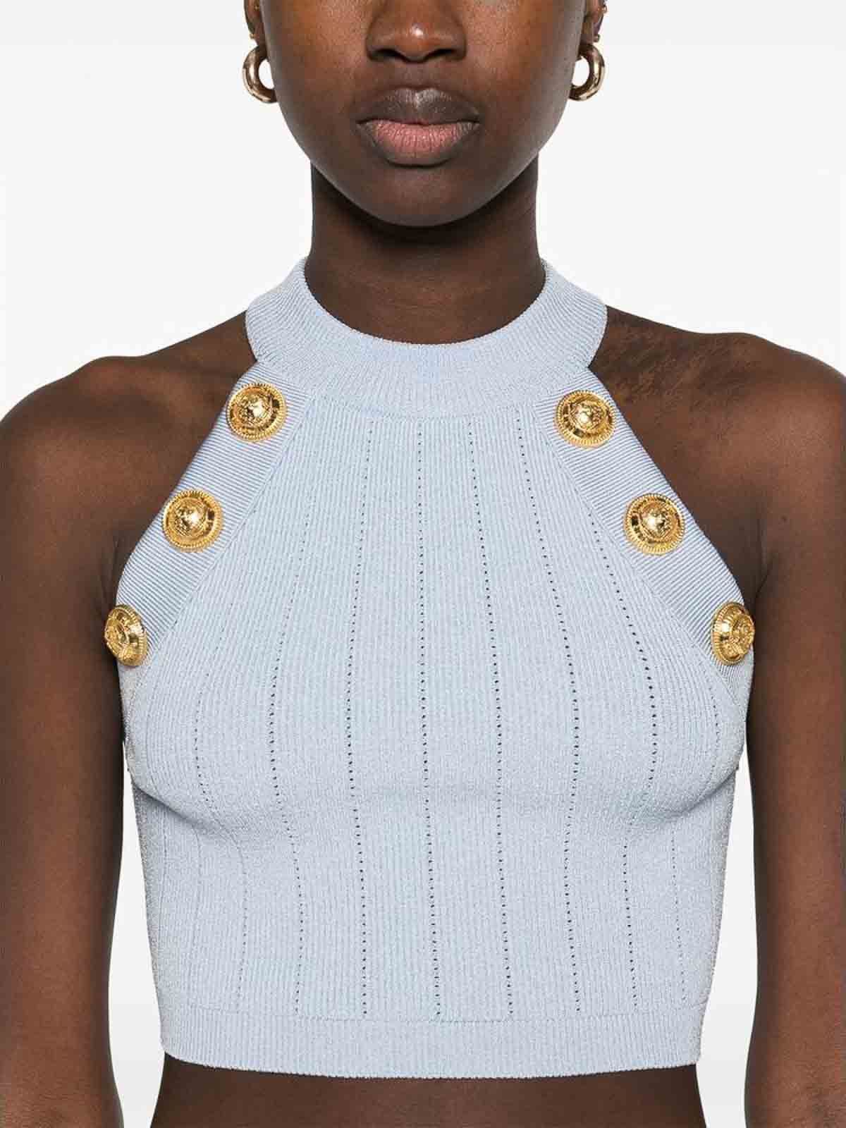 Balmain o1loc1c0526 Halterneck Knit Crop Top in Light Blue Size S / US 4 / IT 40 - 4 Thumbnail
