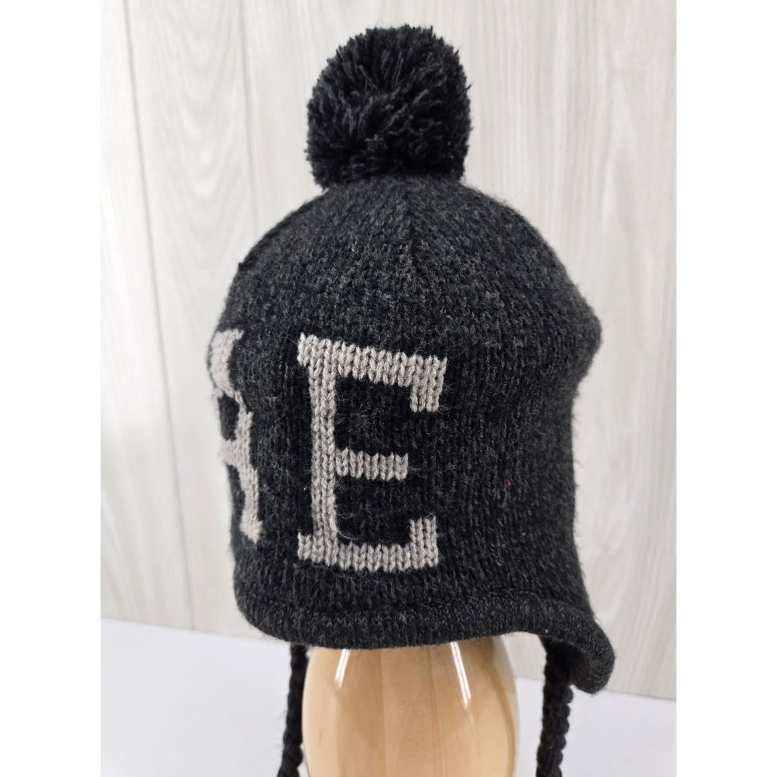 American Eagle Outfitters Y2K American Eagle AE Knit Beanie Hat Pom Pom Tassels Trapper Style Black Gray Unisex Adults One Size Beanie Winter Fall Logo Embroidered Tassled Size ONE SIZE - 3 Thumbnail