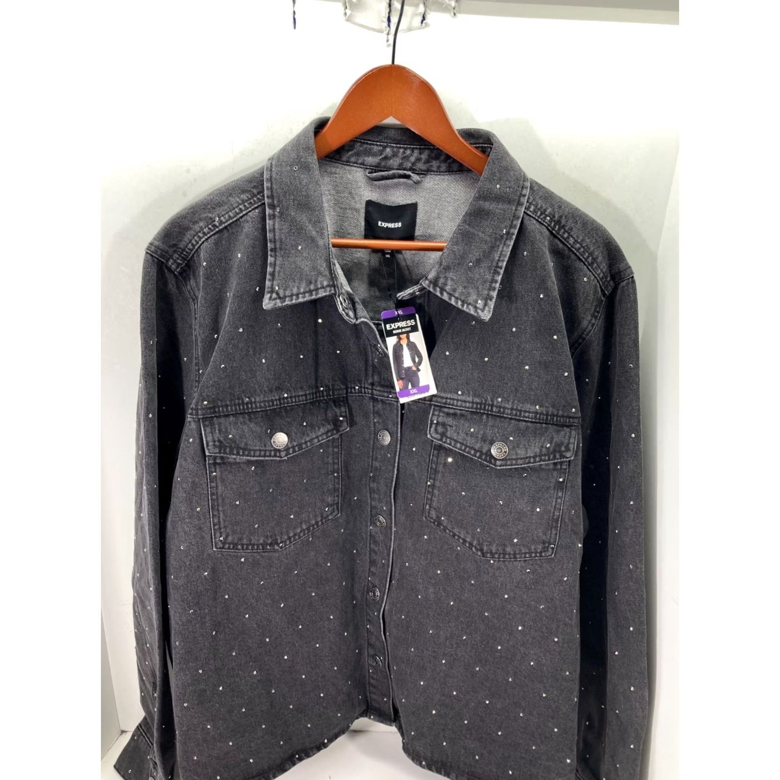 Express VINTAGE Express Jeans Denim Jacket Womens 2XL Black Snap Front Rhinestone Western NWT Size 40" / US 18 - 3 Thumbnail
