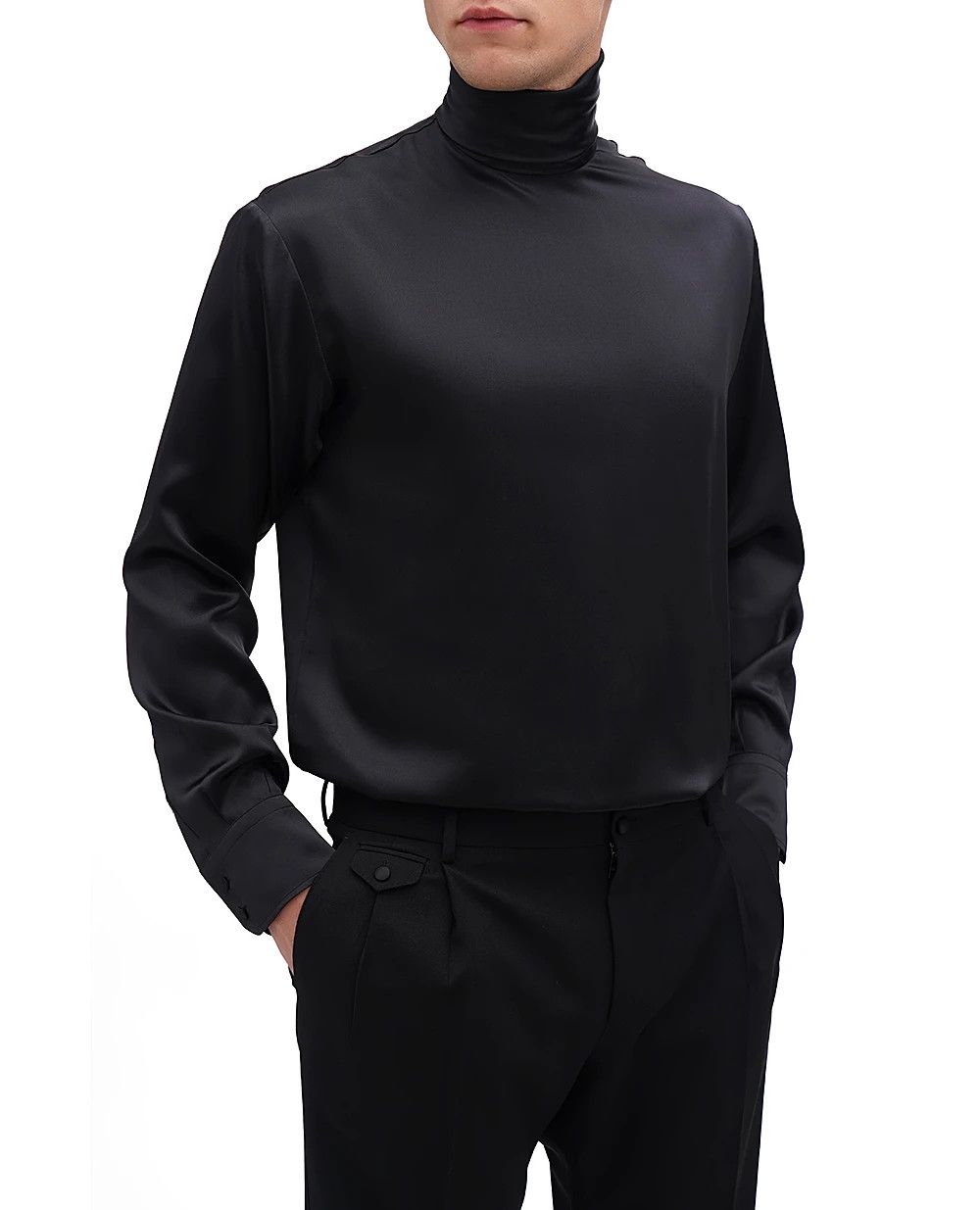Dolce & Gabbana o1s22i1n0225 Silk Dolcevita Shirt in Black Size US M / EU 48-50 / 2 - 2 Thumbnail