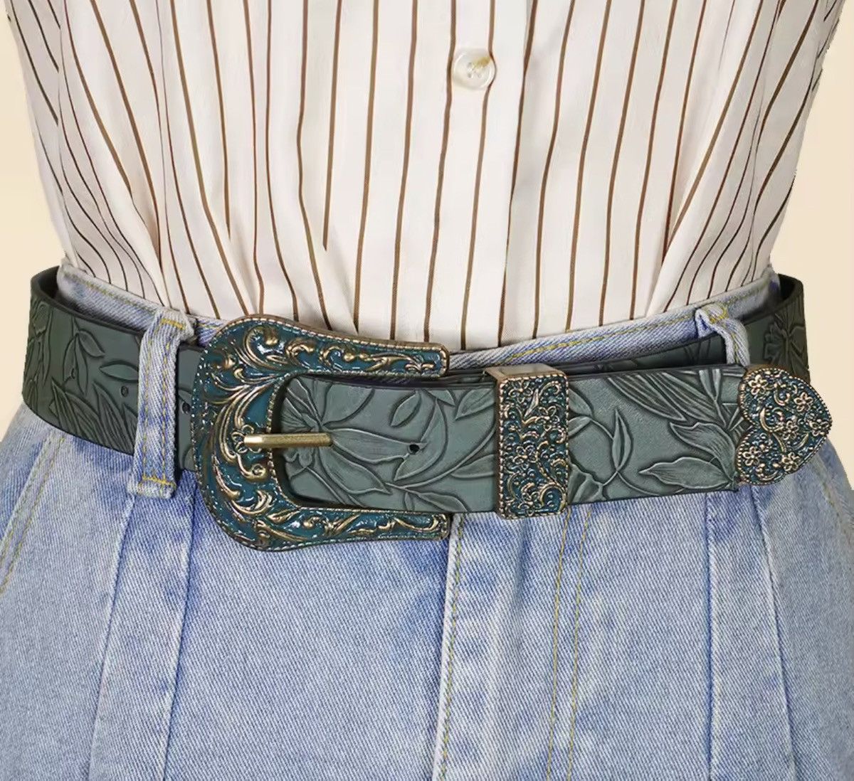 Japanese Brand Carved Leaf Pu Leather Belt 110 cm Size ONE SIZE - 4 Thumbnail