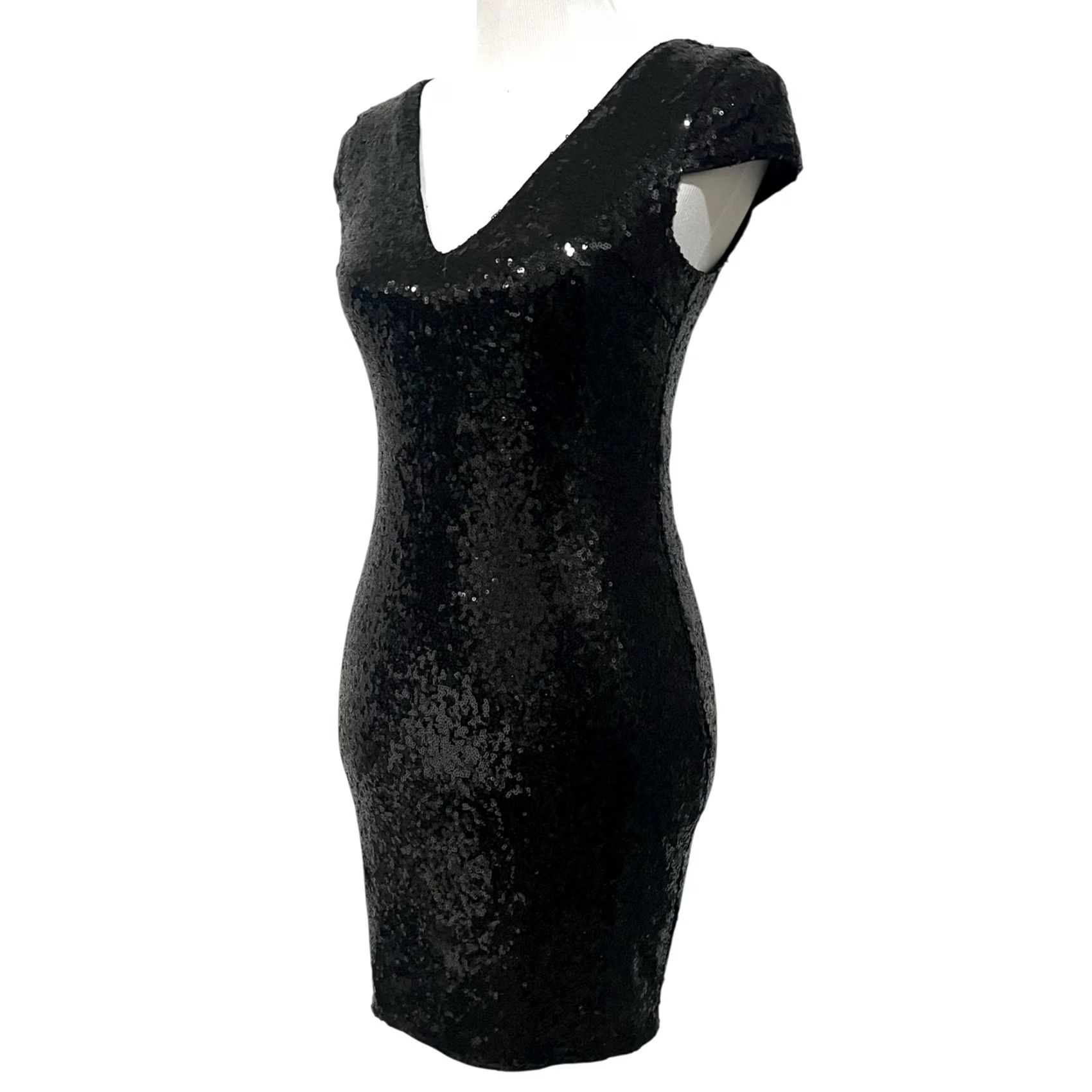 Vintage Verty Sequin Dress Black Mini Bodycon V-Neck Stretchy Party Evening Womens Small Dress Size S / US 4 / IT 40 - 3 Thumbnail