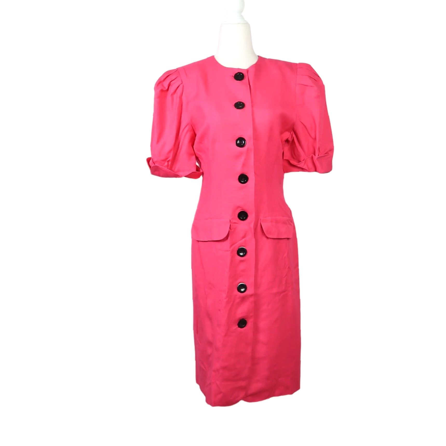 Vintage VINTAGE Nipon Boutique Pencil Dress Shirt Linen Blend Knee Length 6 Pink 80s Womens Short Puff Sleeve Button Front Size M / US 6-8 / IT 42-44 - 5 Thumbnail