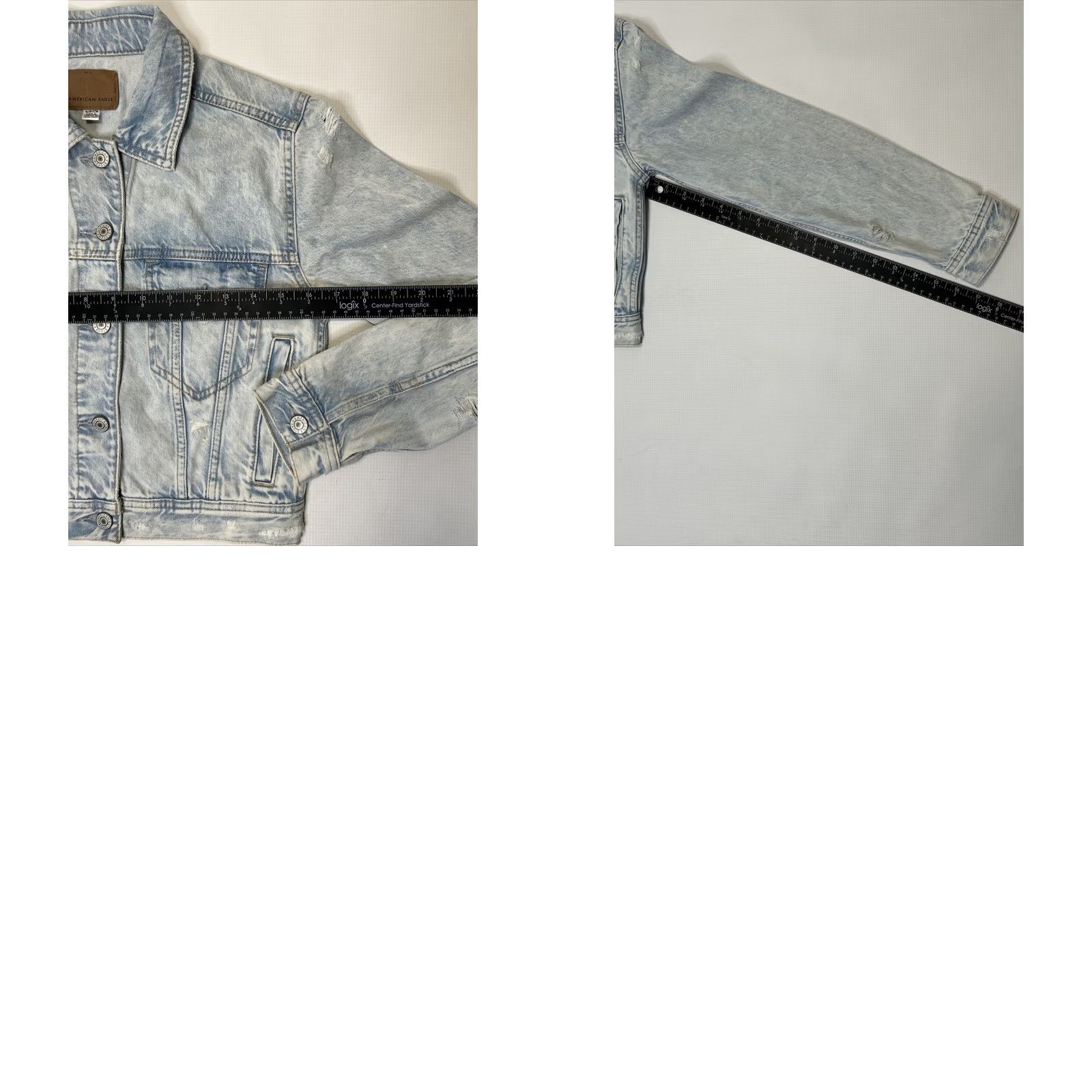 American Eagle Outfitters AEO American Eagle Light Blue Denim Jacket Cropped Distressed Button-Down Short Sleeve Classic Fit Size Small Womens Jacket Size 28" / US 6 / IT 42 - 8 Thumbnail
