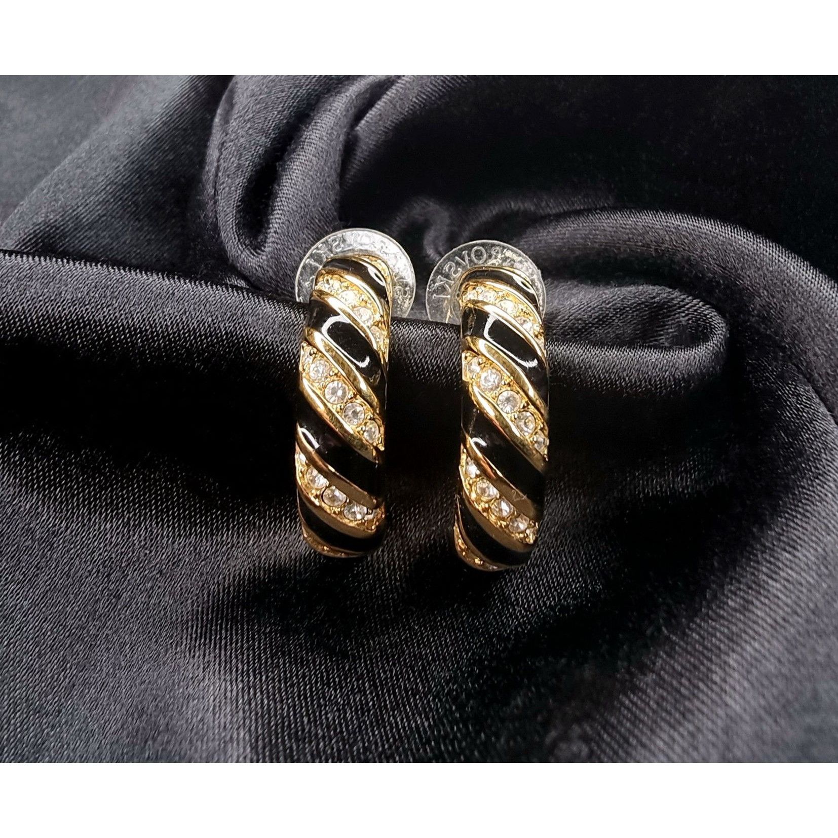 Swarovski Vintage Swarovski 1980's Black Gold-Tone Crystal Hoop Earrin Size ONE SIZE - 2 Thumbnail