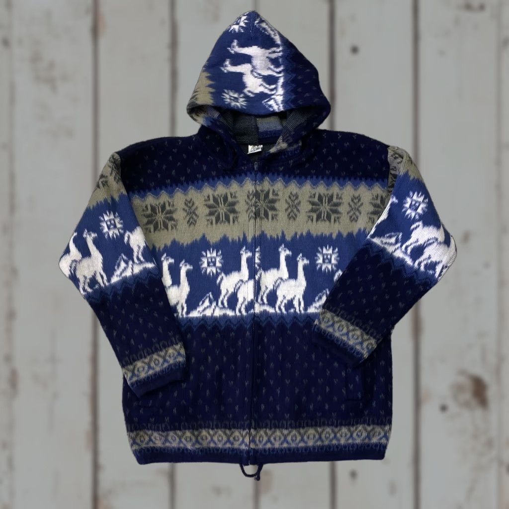 Vintage VINTAGE Yari Artesanias Alpaca Wool Hoodie Zip Up Sweater Llama Pattern Blue Large Mens Shirt Size US L / EU 52-54 / 3 - 1 Thumbnail