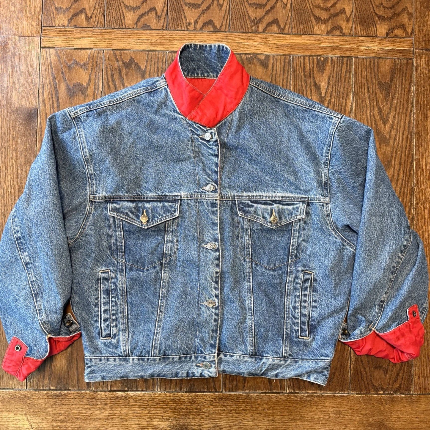 Gap VINTAGE GAP Jean Trucker Jacket Reversible RED Nylon & Blue Denim Large Size US 33 - 2 Thumbnail