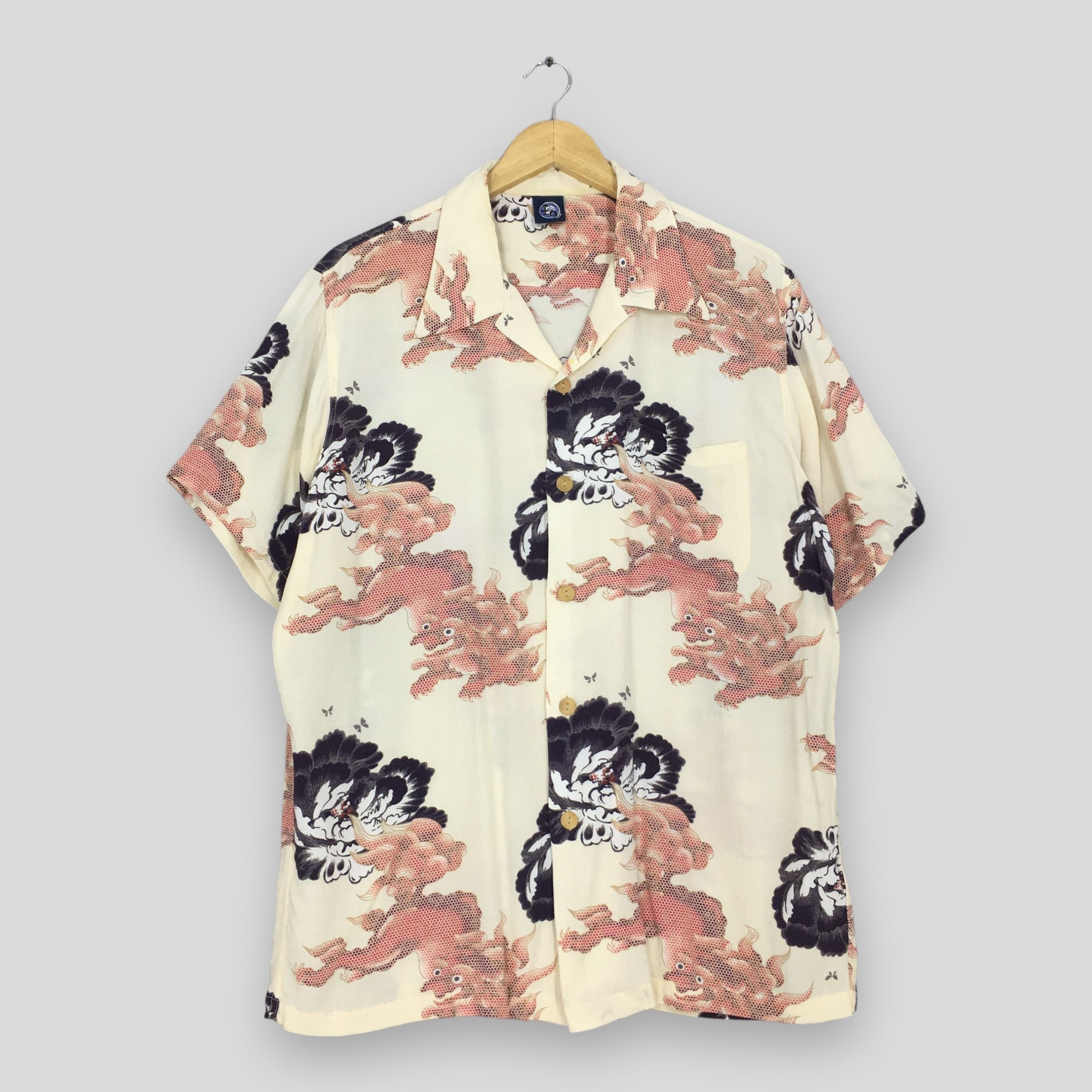 Japanese Brand Vintage 90s Hawaiian Japanese Thunder God Raijin Rayon Shirt Size US L / EU 52-54 / 3 - 1 Thumbnail
