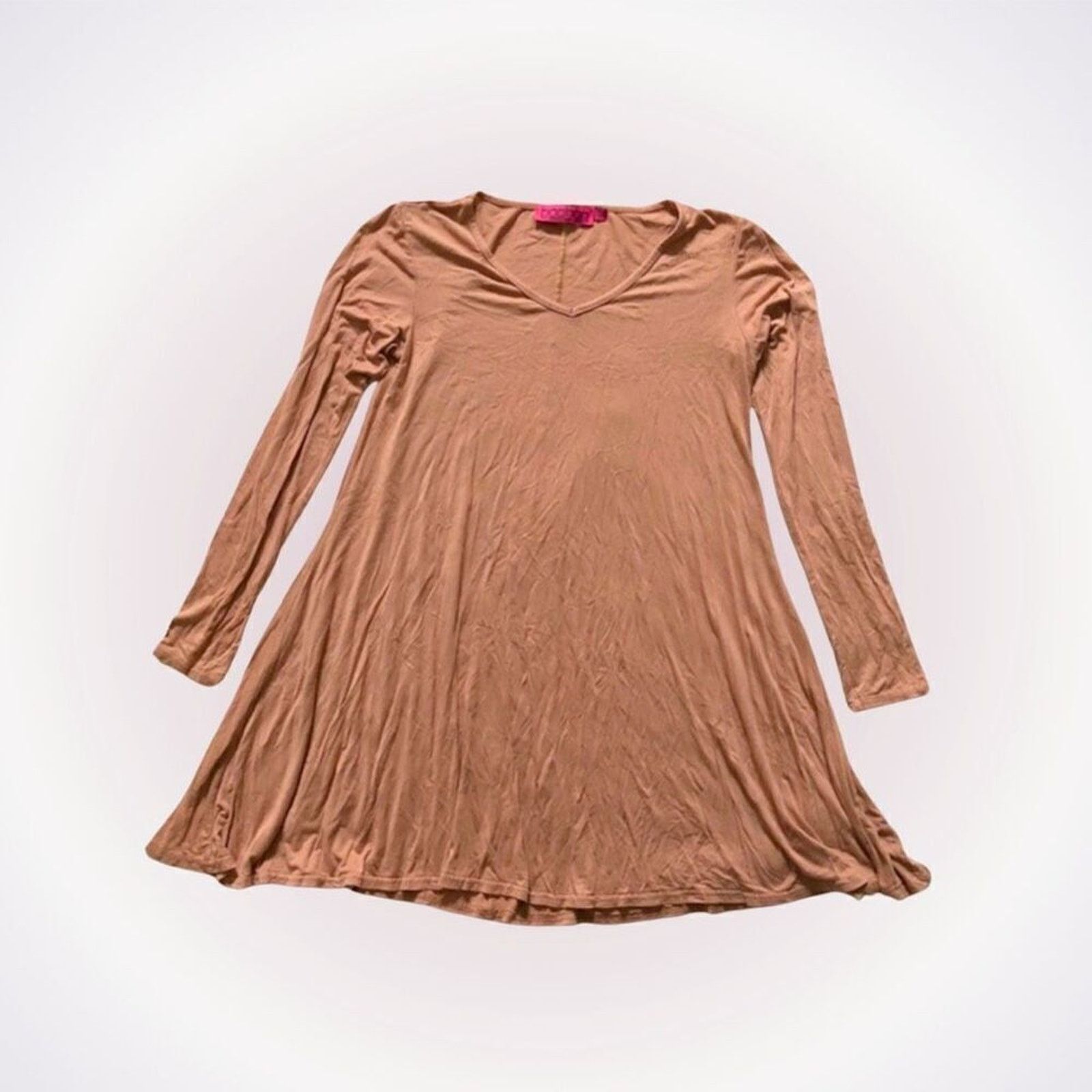 Boohoo Boohoo Tan V-Neck Long Sleeve Swing Dress | Sz 4 Size S / US 4 / IT 40 - 1 Thumbnail