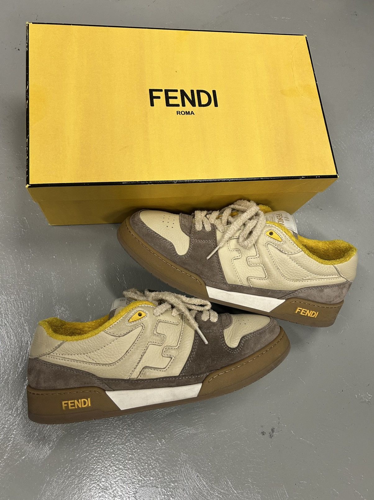 Fendi Match FF Leather Low Top Skate Trainers Light Beige