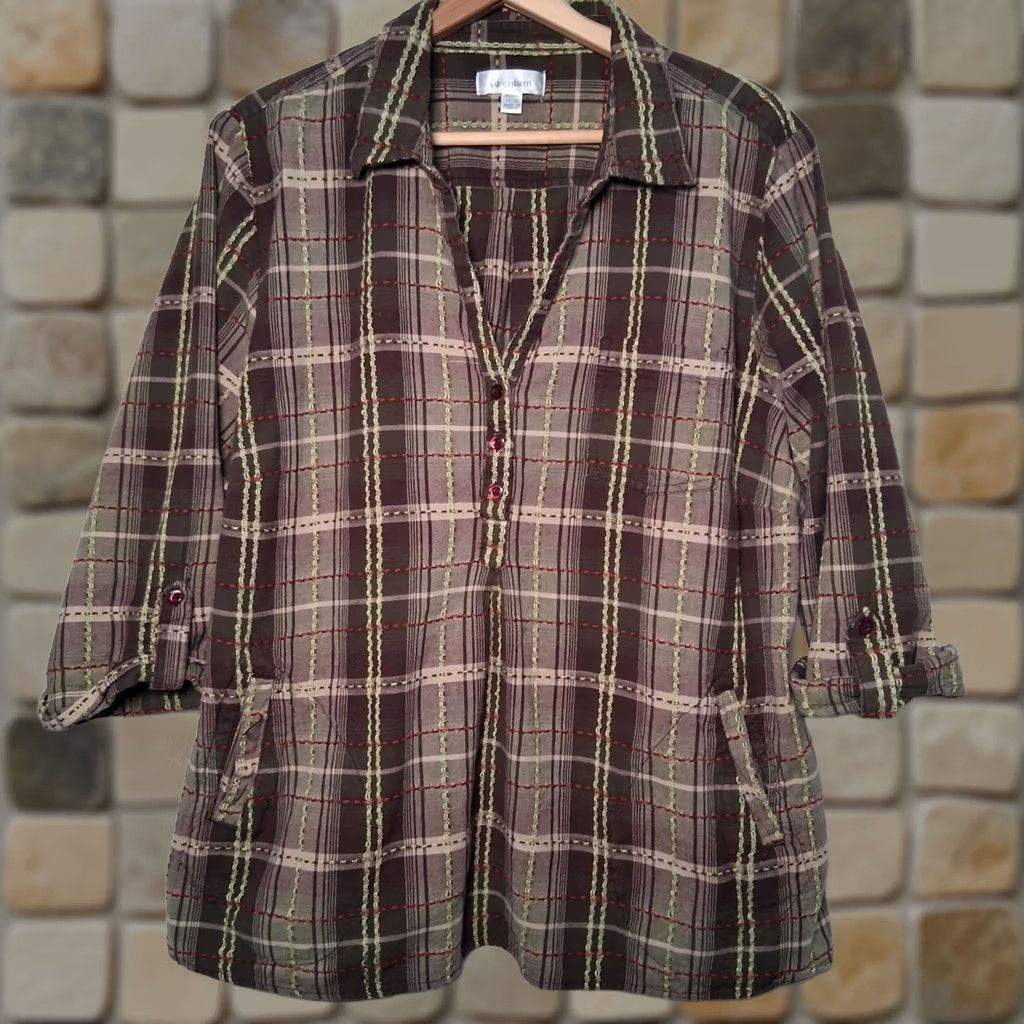 Vintage Dressbarn Blouse Women Plus Size 22/24 Green Plaid V Neck Lagenlook Popover Size 3XL / US 20-22 - 1 Thumbnail