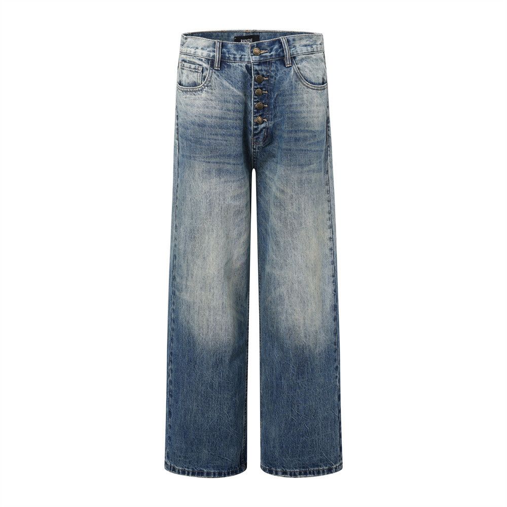 Street punk distressed loose wide-leg gradient washed jeans