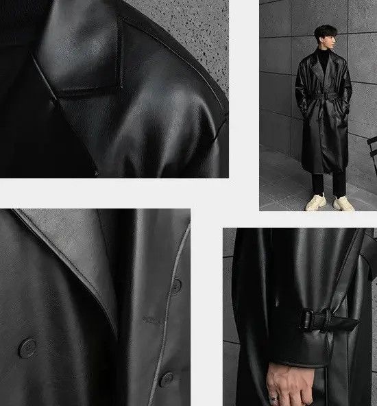 VIBE Streetwear style Long Black Faux Leather trench coat y2k Size US L / EU 52-54 / 3 - 7 Thumbnail