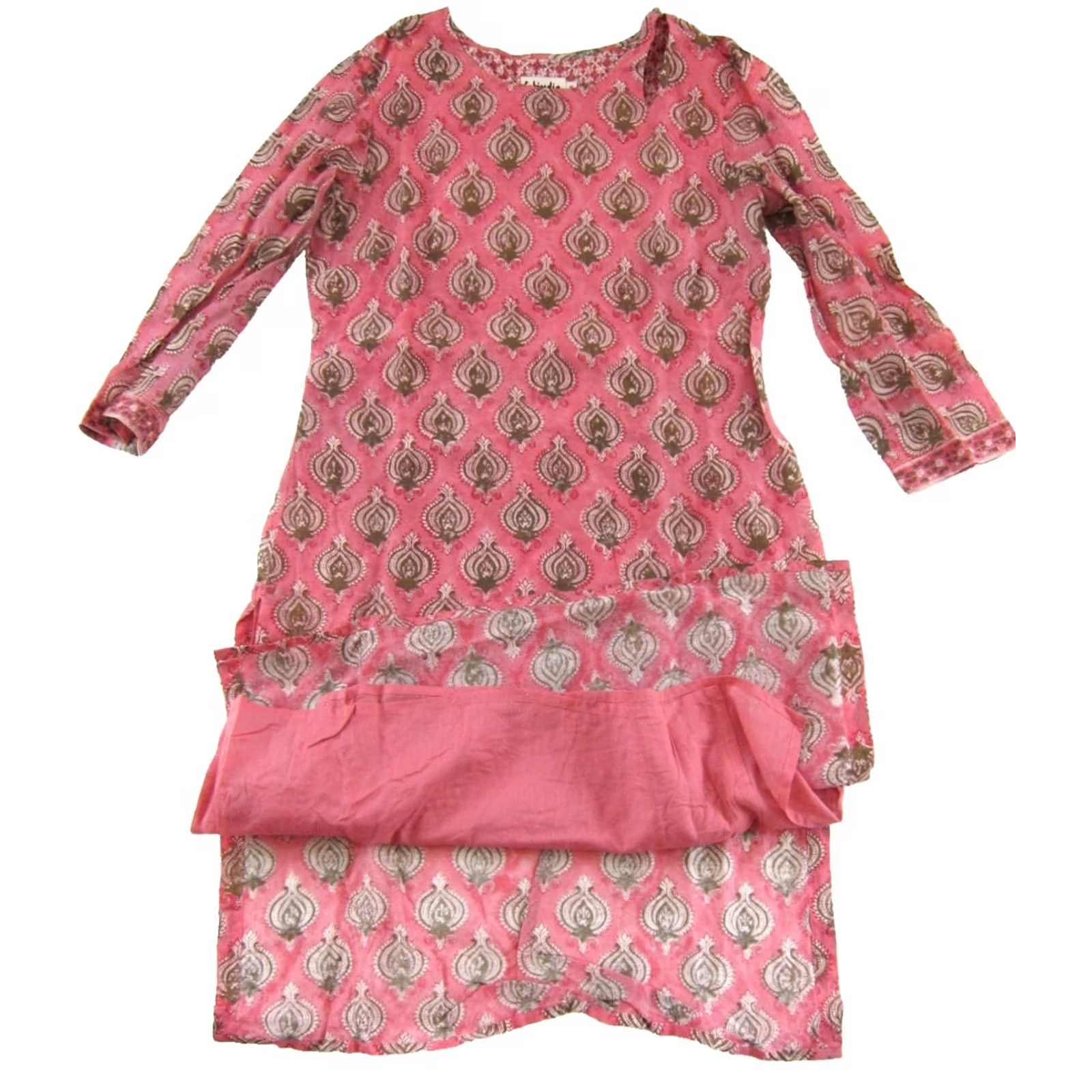 Pinko Fabindia Kurta Dress Slim Fit Midi Silk Cotton Paisley Green S Small Size S / US 4 / IT 40 - 4 Thumbnail