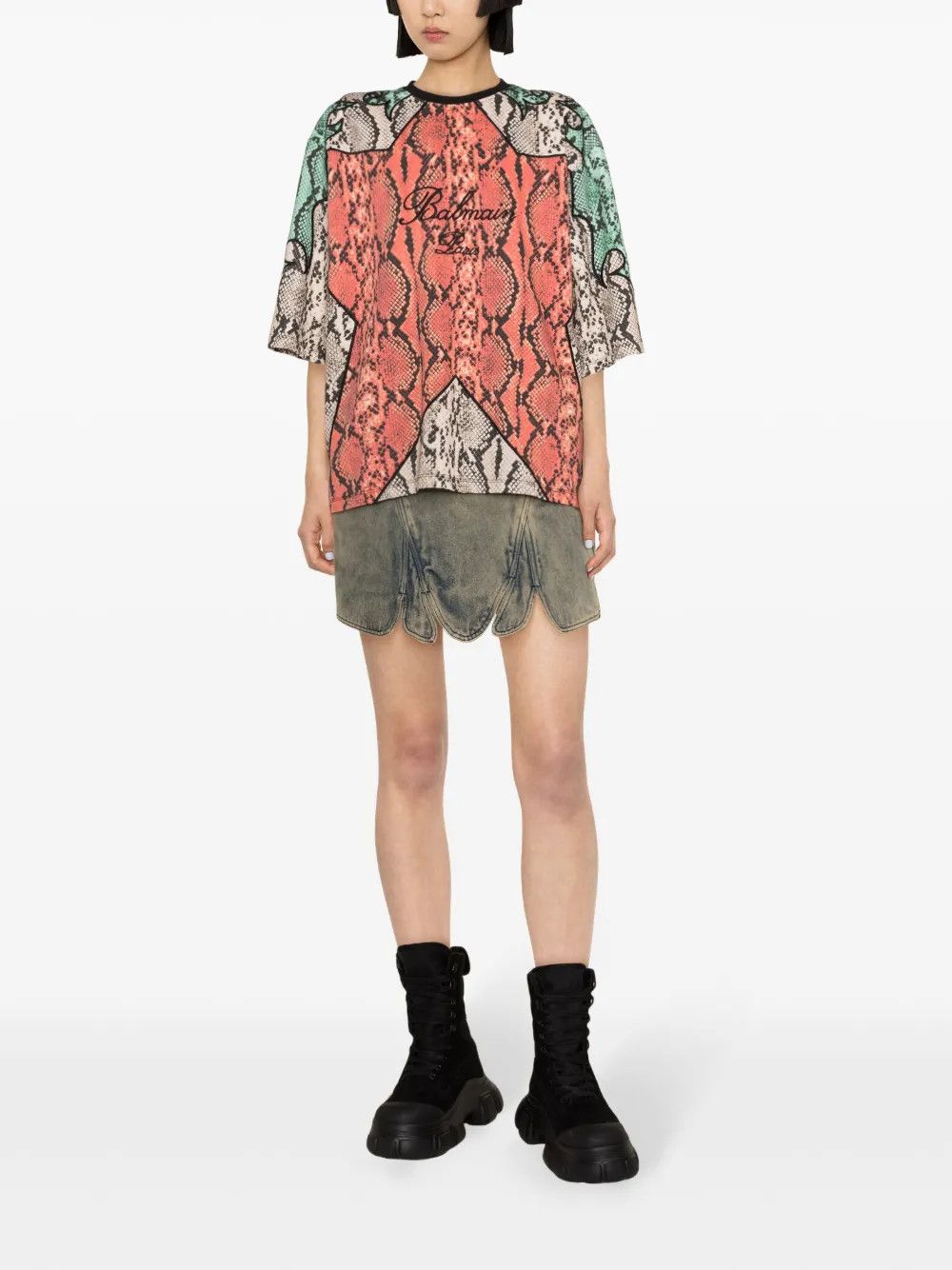 Balmain o1s1wg110725 Python Print Cotton T-Shirt in Multicolor Size L / US 10 / IT 46 - 2 Thumbnail