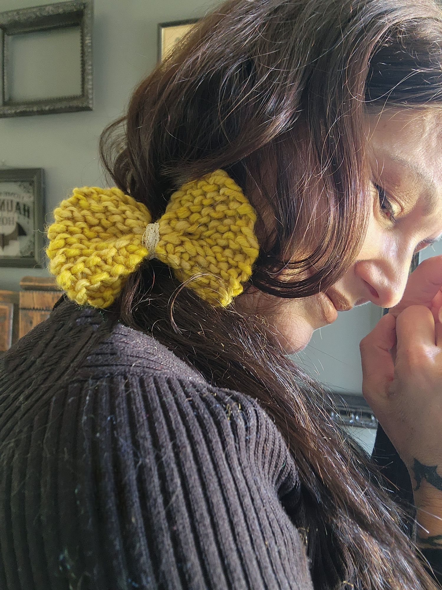 Handmade Knit Hair Bow, Handknitted Maize Yellow Ponytail Holder or H Size ONE SIZE - 1 Thumbnail