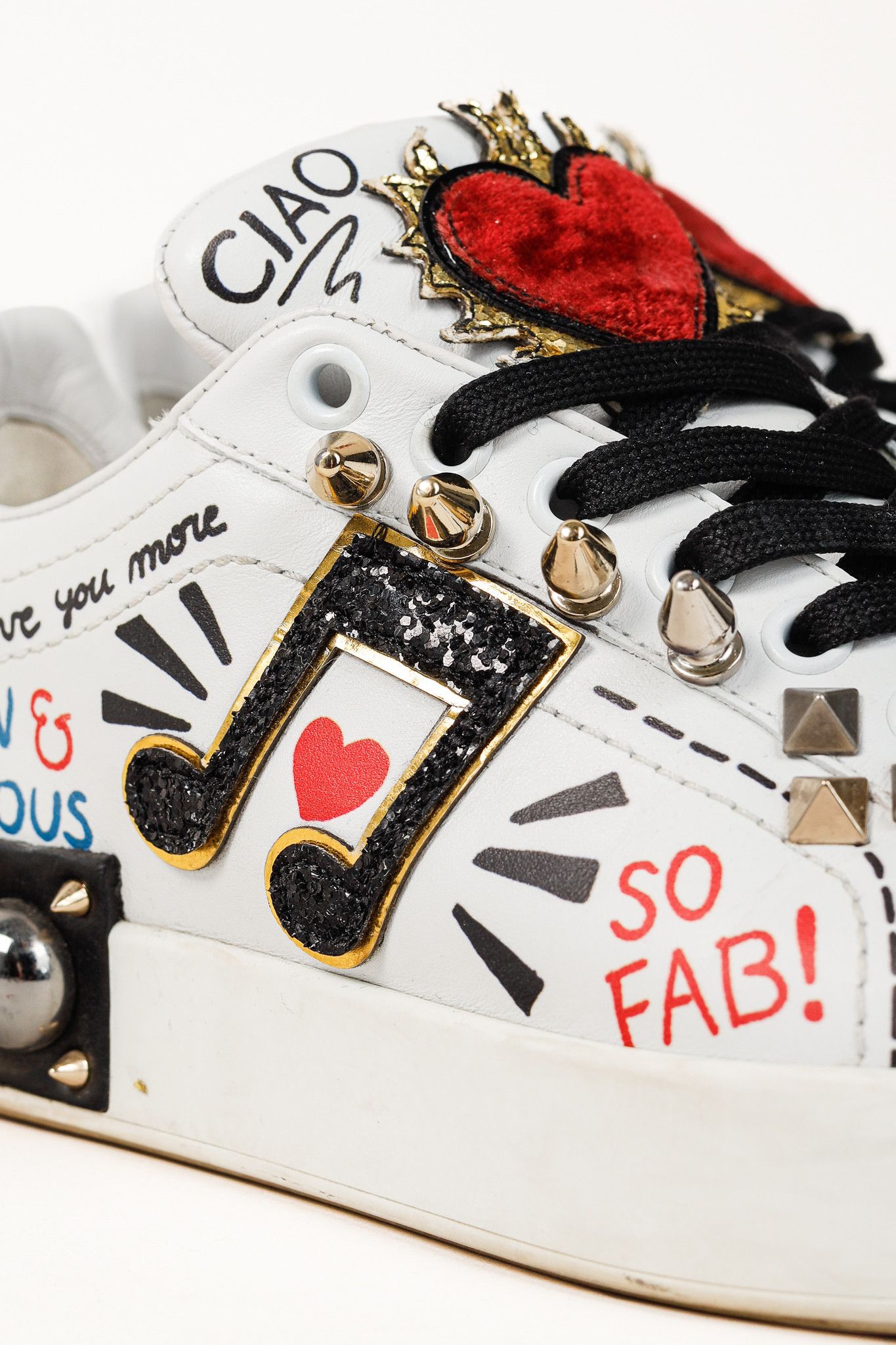 Dolce & Gabbana Dolce & Gabbana White Leather Musical Note Patch Sneakers Size US 7 / IT 37 - 8 Thumbnail
