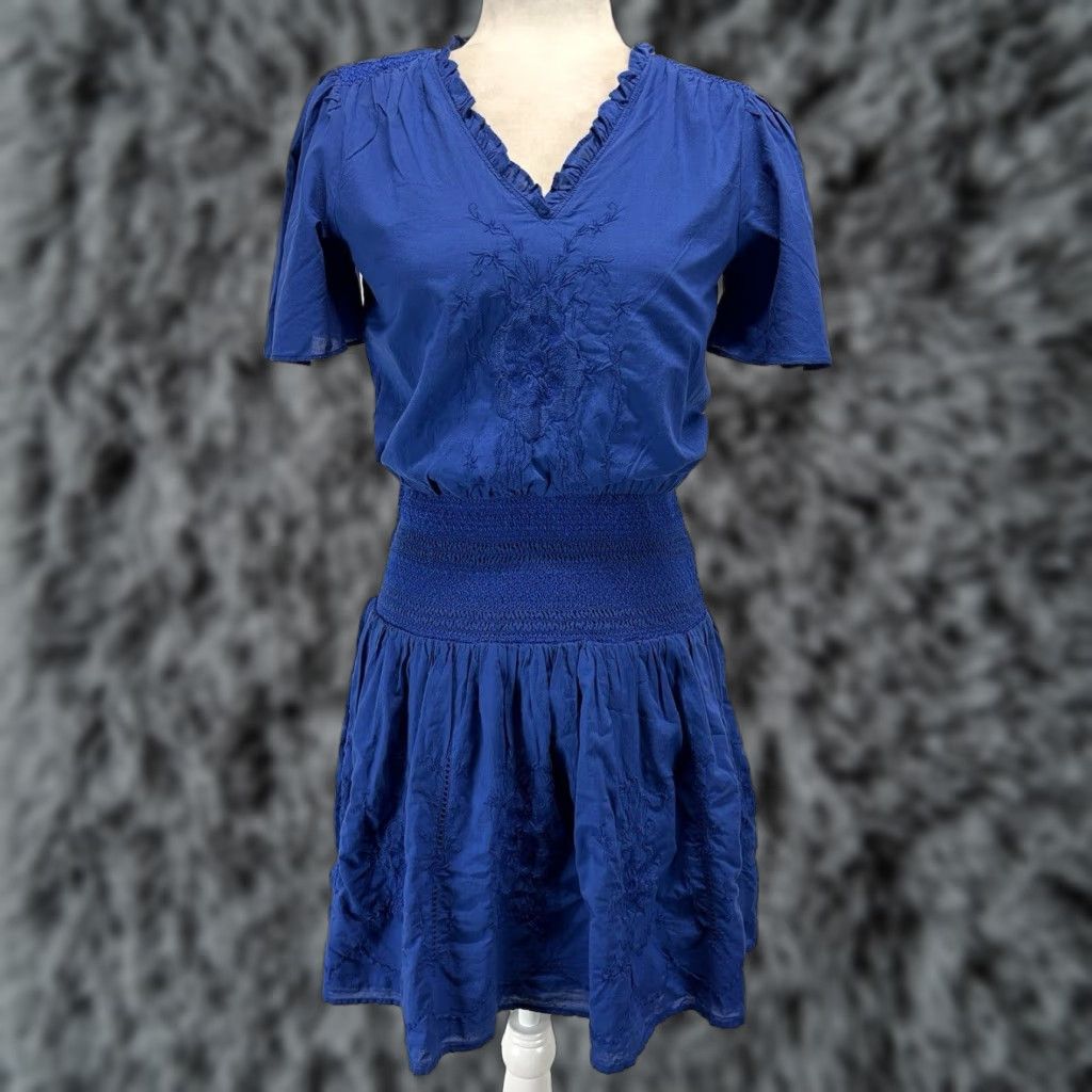 Ralph Lauren NEW Lauren Ralph Lauren Blouson Dress 00 Blue Short Sleeve Smocked Waist Womens Size 24" / US 00 / IT 34 - 1 Thumbnail