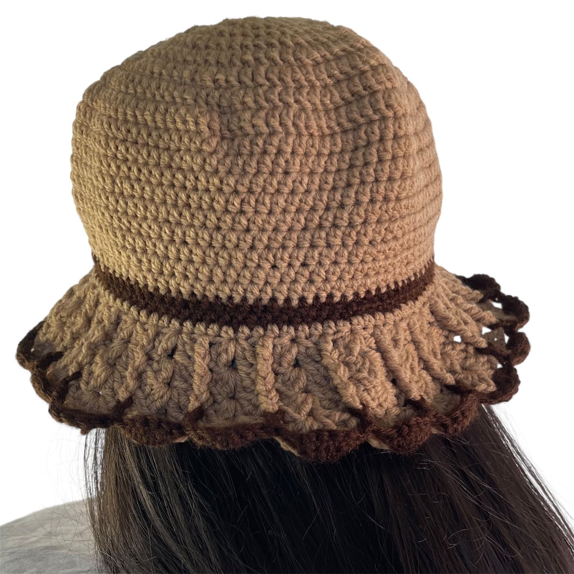 Handmade Crochet Bucket Hat Retro Cloche Style Tan and Brown Handmade Size ONE SIZE - 4 Thumbnail