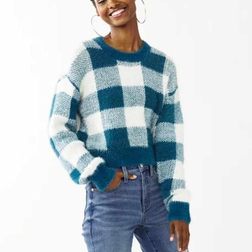 Other SO Crew Neck Drop Shoulder Fuzzy Green/Cream Plaid Sweater Size L / US 10 / IT 46 - 1 Thumbnail