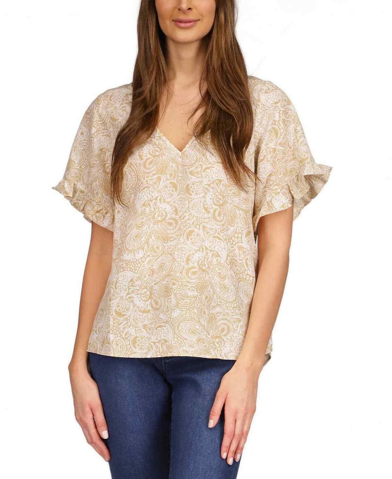 Michael Kors MICHAEL Michael Kors Khaki Paisley-Print Ruffled-Sleeve Top Size XL / US 12-14 / IT 48-50 - 1 Thumbnail
