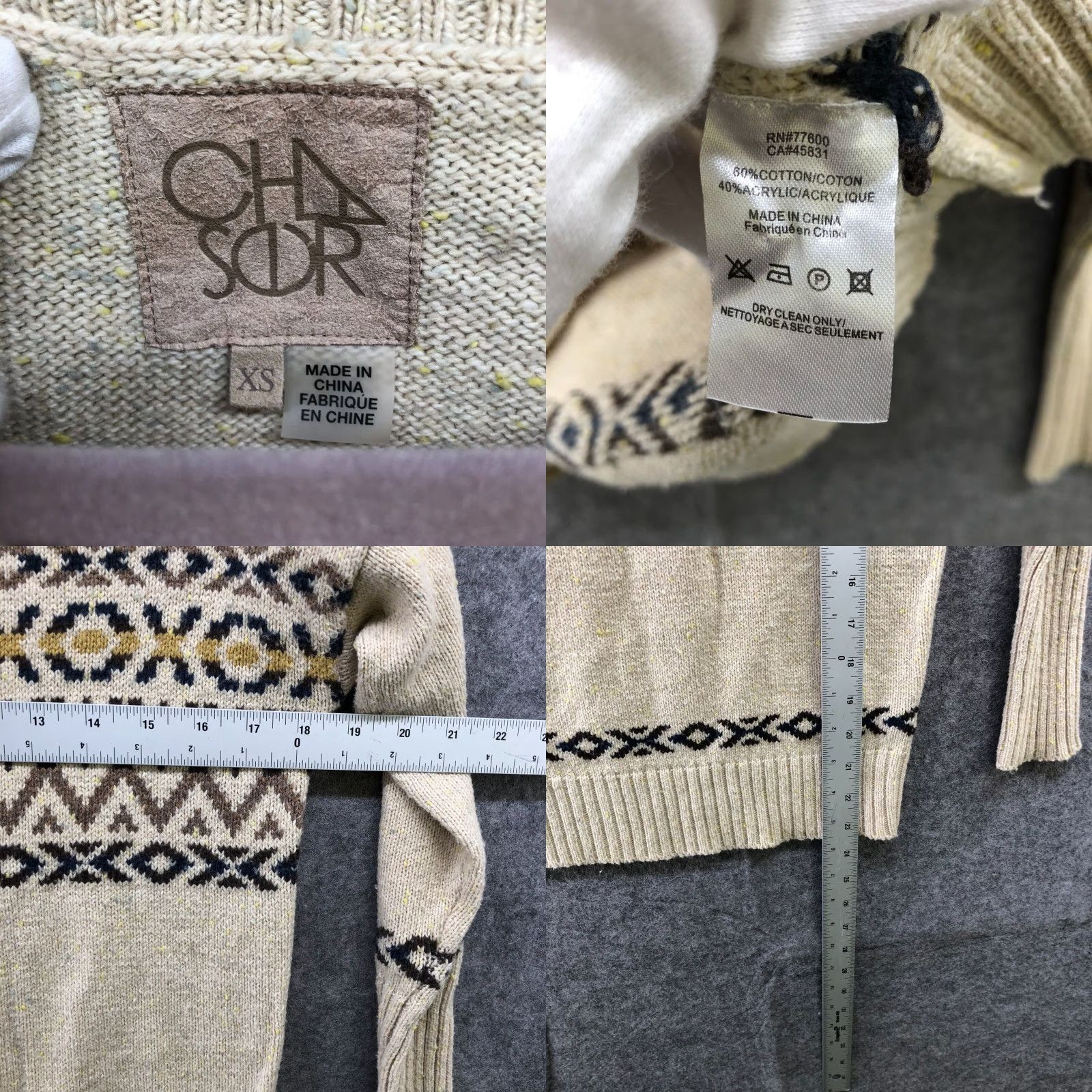Vintage Chaser Sweater Womens XS Beige Cream Fair Isle Knit Crewneck Cotton Blend Size XS / US 0-2 / IT 36-38 - 8 Thumbnail