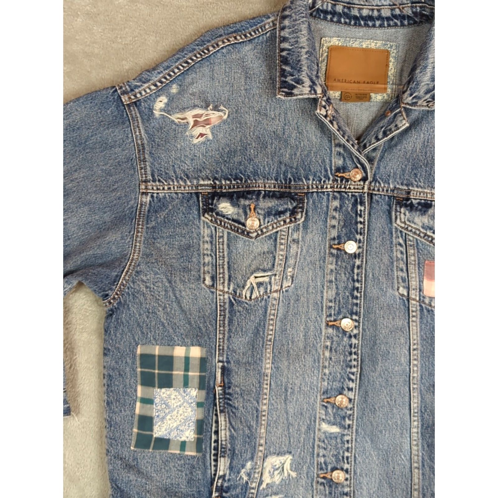 American Eagle Outfitters VINTAGE American Eagle Boyfriend Jean Jacket XL Blue Patchwork Distressed Oversized Size 40" / US 18 - 5 Thumbnail