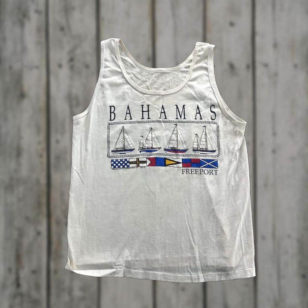 Other VINTAGE Bahamas Freeport Tank Shirt Mens Medium White Sailboat Graphic Nautical Flags Beach Souvenir 90s Mens Size US M / EU 48-50 / 2 - 1 Thumbnail