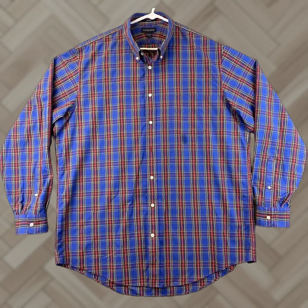 Lands' End VINTAGE Lands' End Button-Up Shirt Men 17.5-37 Blue Check Cotton Long Sleeve Button-Down Collared 100% Cotton Classic Regular Mens Size US XL / EU 56 / 4 - 1 Thumbnail