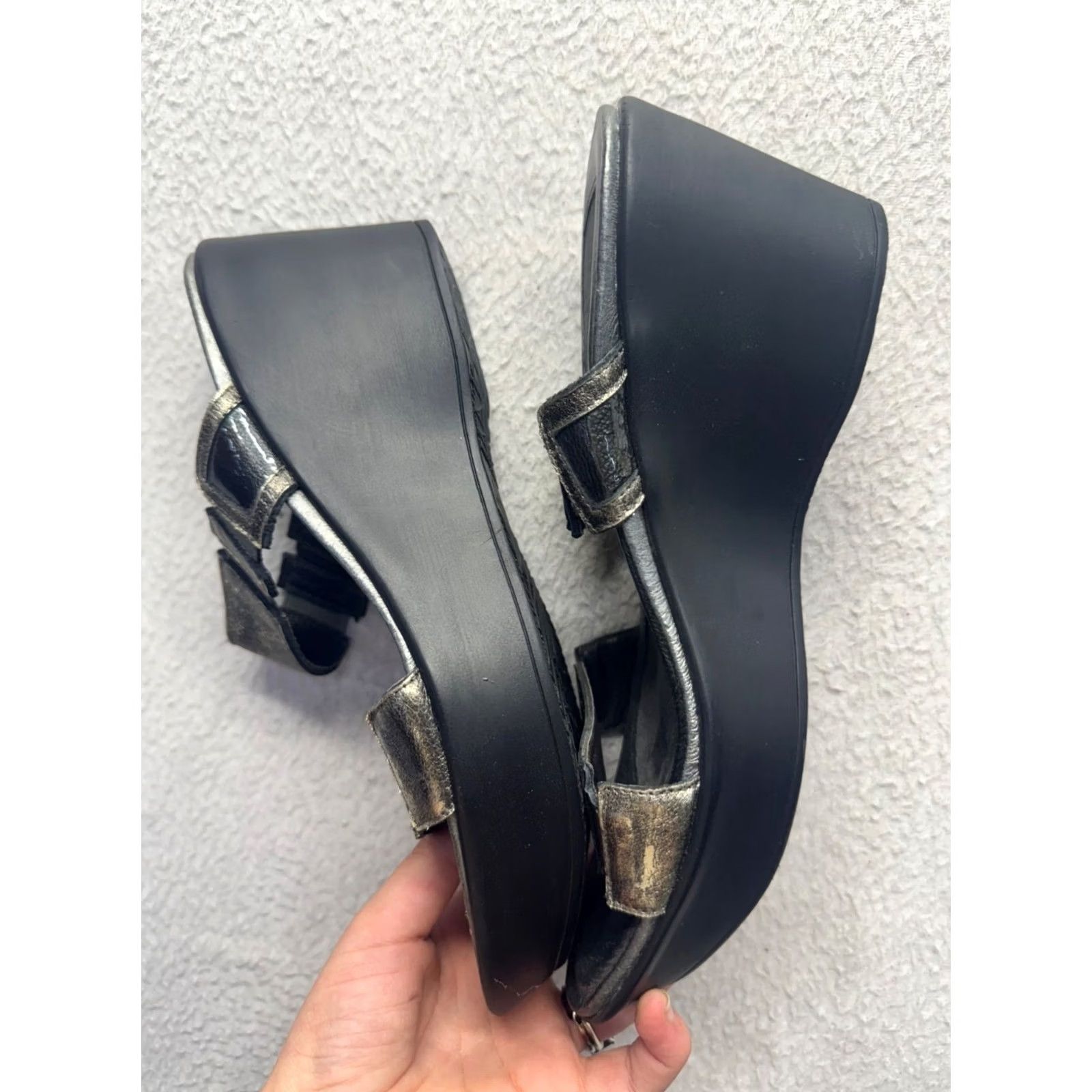 Vintage Naot Sandal Women's 39 Black Leather Strappy Wedge Adjustable Velcro Metal Theme 9816 Good Size US 6 / IT 36 - 6 Thumbnail