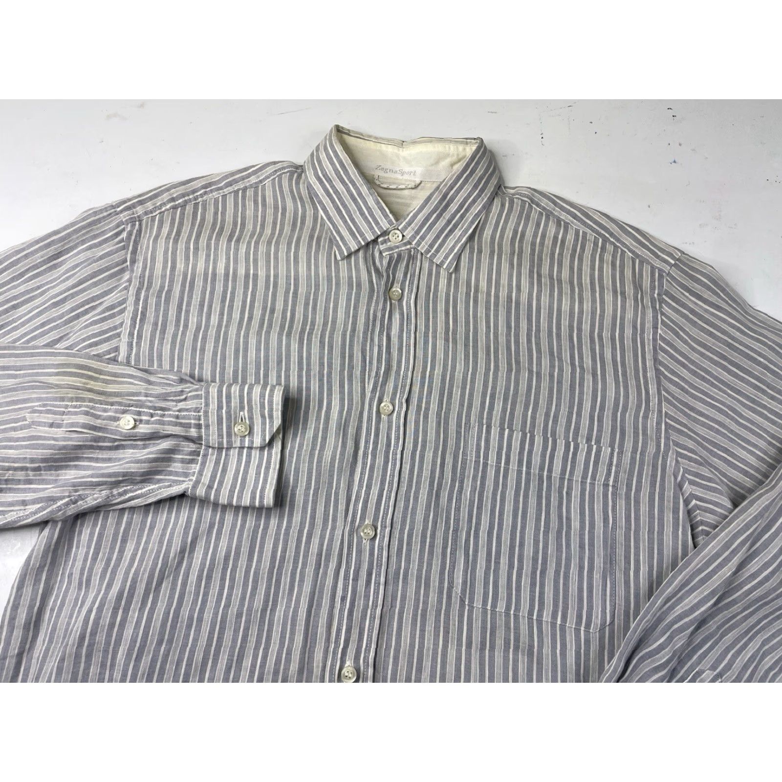Ermenegildo Zegna VINTAGE Ermenegildo Zegna Mens Button-Down Long Sleeve Shirt Linen Cotton Blend Stripe Large Blue Size US L / EU 52-54 / 3 - 2 Thumbnail