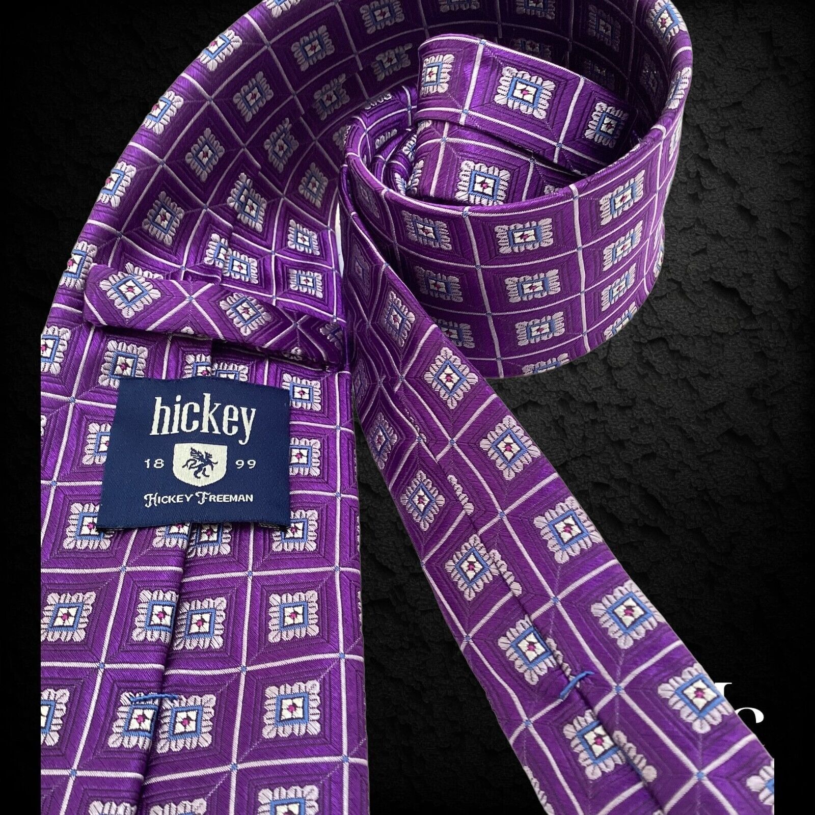 Hickey Freeman HICKEY FREEMAN Purple Medallion Print Silk Tie W:3.25’’ EC C Size ONE SIZE - 2 Thumbnail