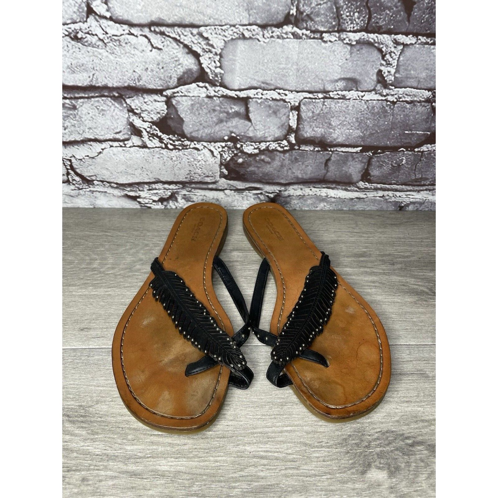 Coach Coach New York DENI Black Leather Feather Thong Flat Sandals Size US 8 / IT 38 - 19 Thumbnail
