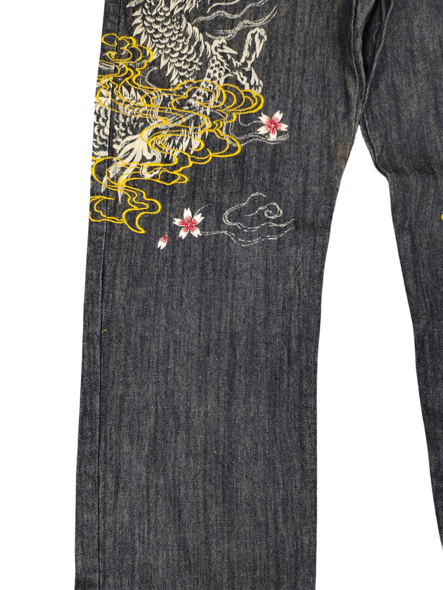 Karakuri Tamashii Vintage Vomanie Japan Dragon Sakura Embroidered Denim Jeans Size US 38 / EU 54 - 4 Thumbnail