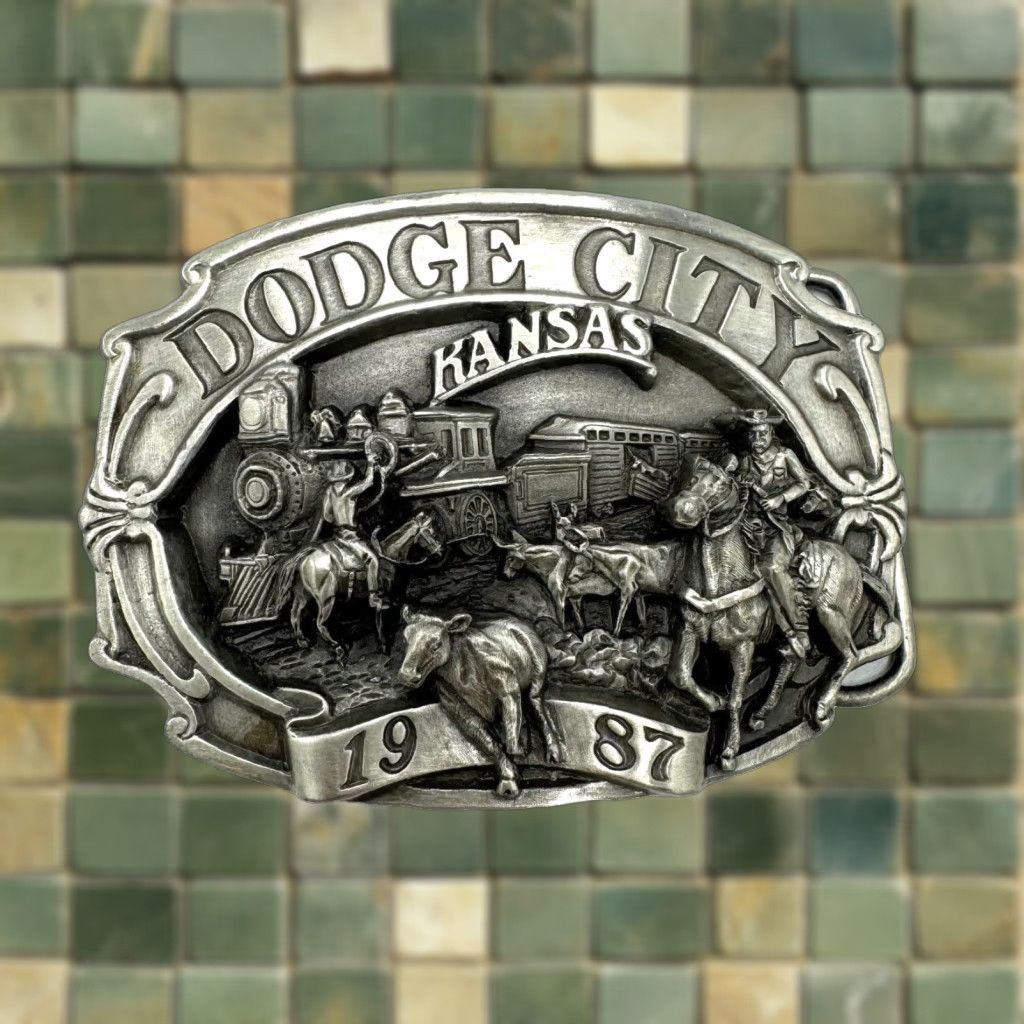 Vintage VINTAGE 1987 Dodge City Kansas Railroad Cattle Metal Belt Buckle Siskiyou 285/800 Mens Women Adults Unisex Silver Cowboy Western Mid 80s Gift Size ONE SIZE - 1 Thumbnail