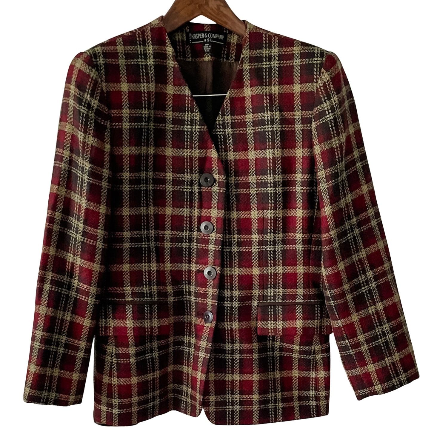 Vintage Kasper Vintage Burgundy Plaid Wool Blazer Jacket 8P Size M / US 6-8 / IT 42-44 - 8 Thumbnail
